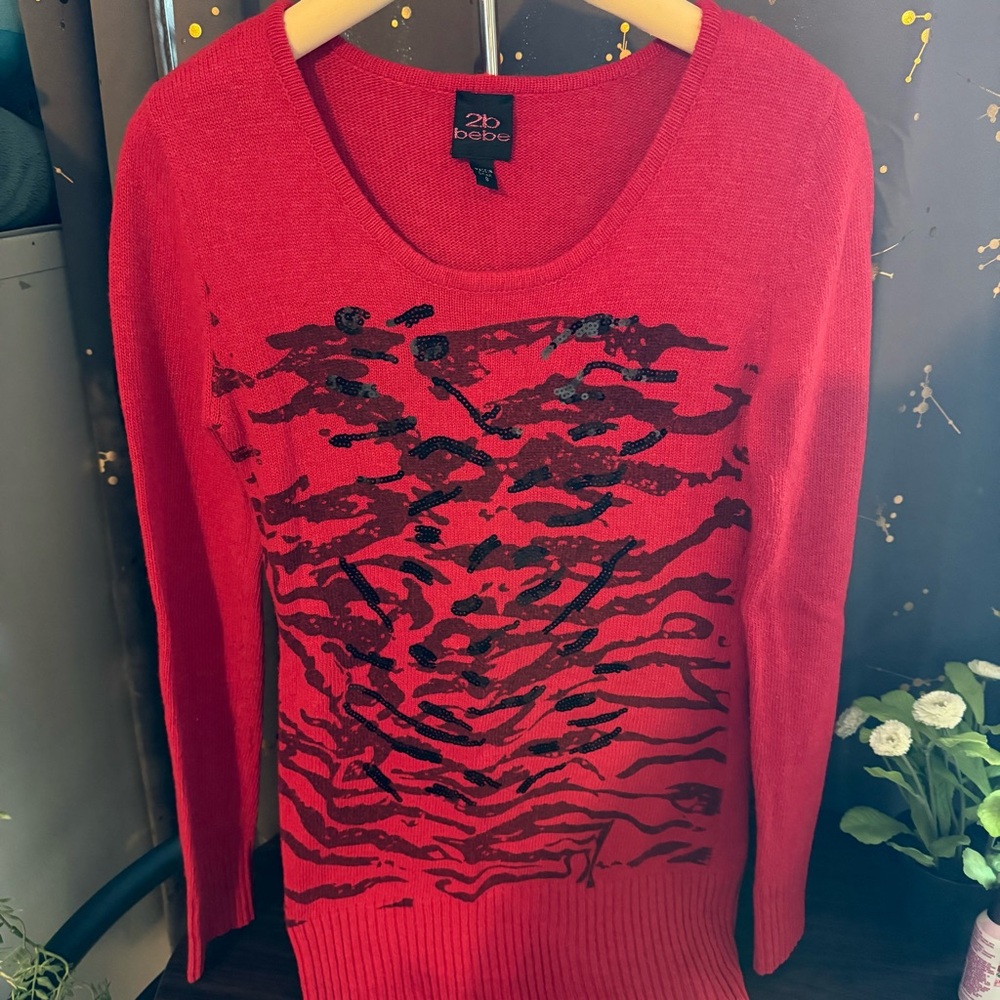 2b Bebe Red Sweater with Sequins